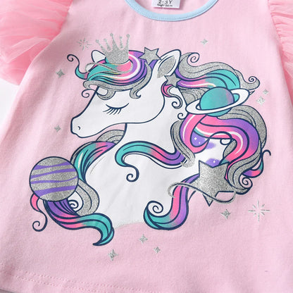 Girls Pink Unicorn T-Shirt & Shorts Set (Age 3-12YRS)