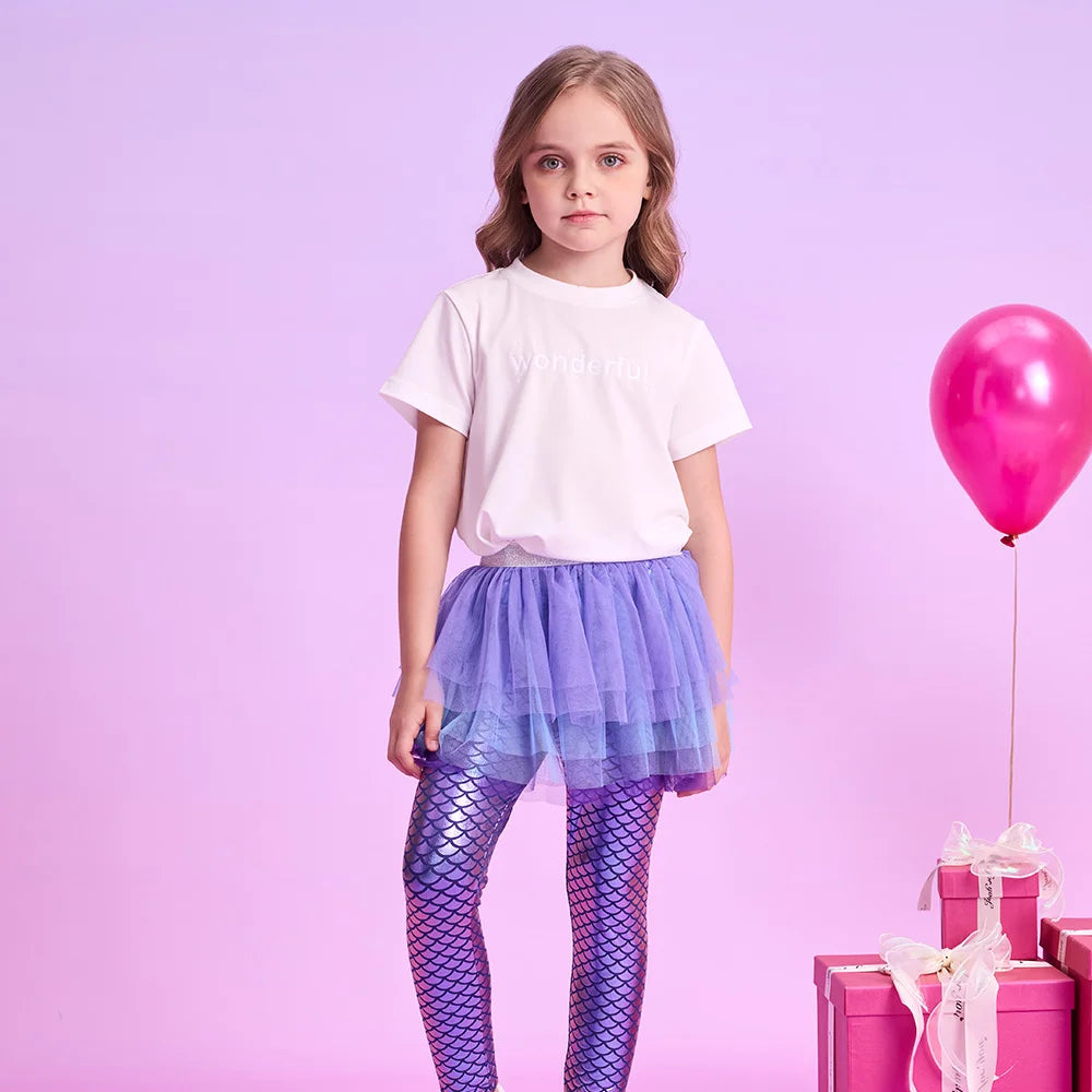 Girls Purple Mermaid Print Skirt Leggings (Age 3-10YRS)