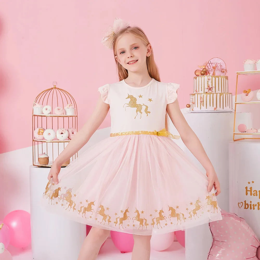 Girls Pink & Gold Unicorn Dress (Age 3-8YRS)