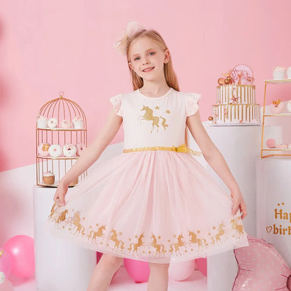 Girls Pink & Gold Unicorn Dress (Age 3-8YRS)