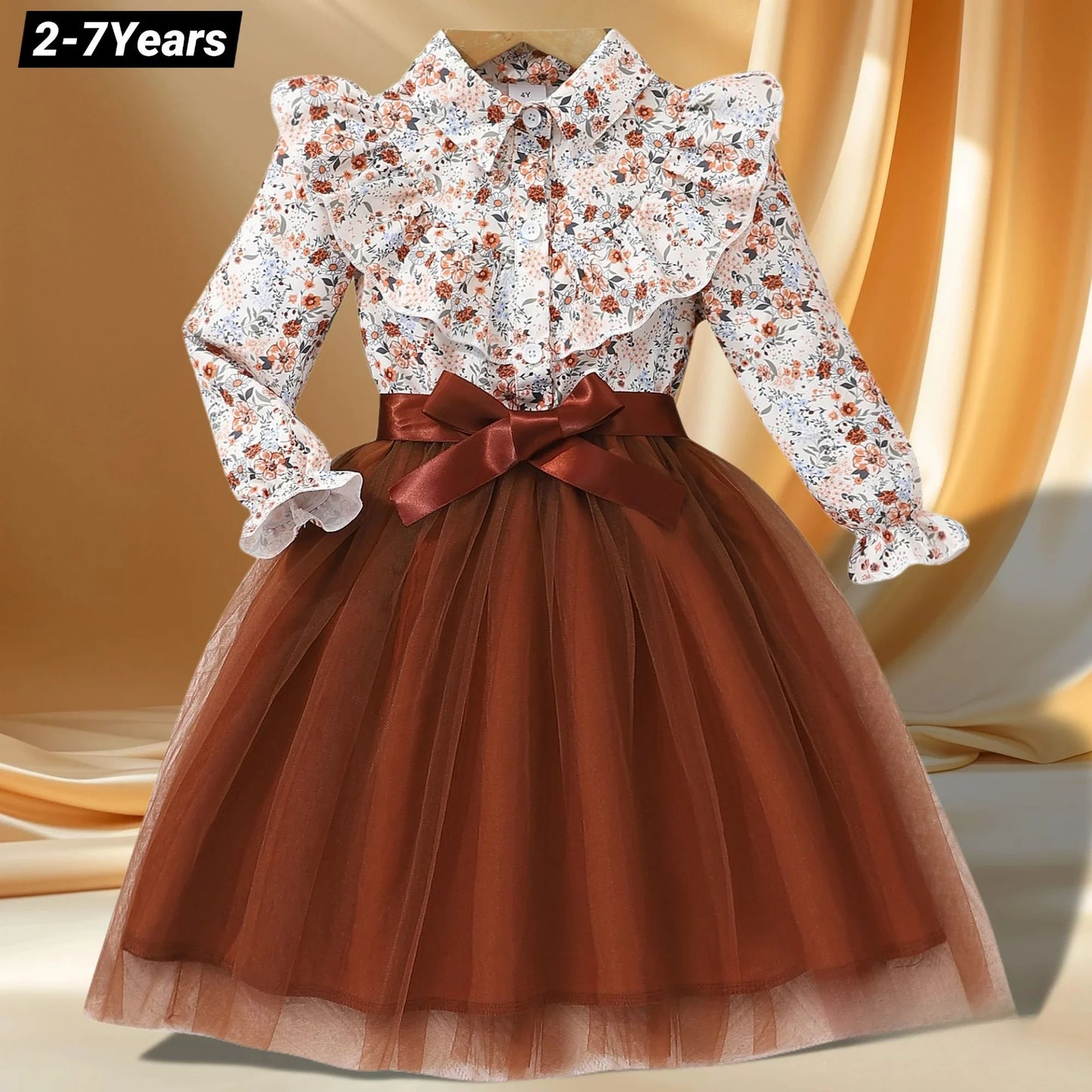 Girls Long Sleeve Ruffle Tulle Dress (Age 24M-7YRS)