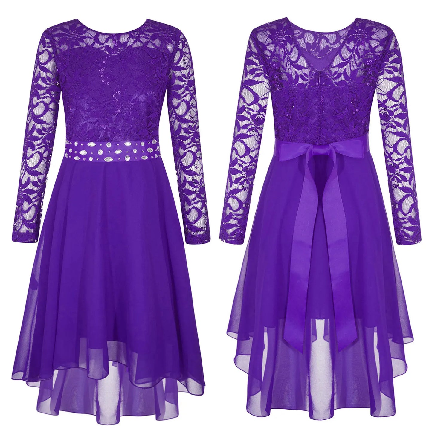 Girls Lace Chiffon Long Sleeve High-Rhinestone Sash Dress (Age 6-16 YRS)