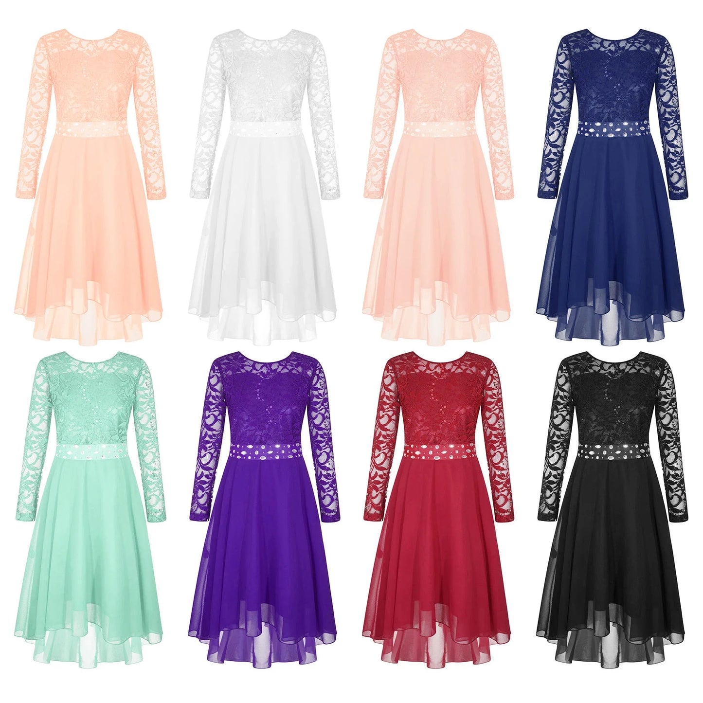 Girls Lace Chiffon Long Sleeve High-Rhinestone Sash Dress (Age 6-16 YRS)