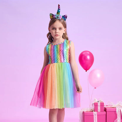 Girls Rainbow Tulle Party Dress (Age  5-8 YRS)