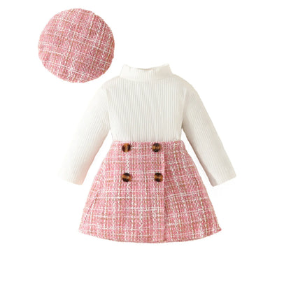 Baby/Toddler Girls Top & Houndtooth Skirt & Matching Beret Set (Age 6M-3YRS)