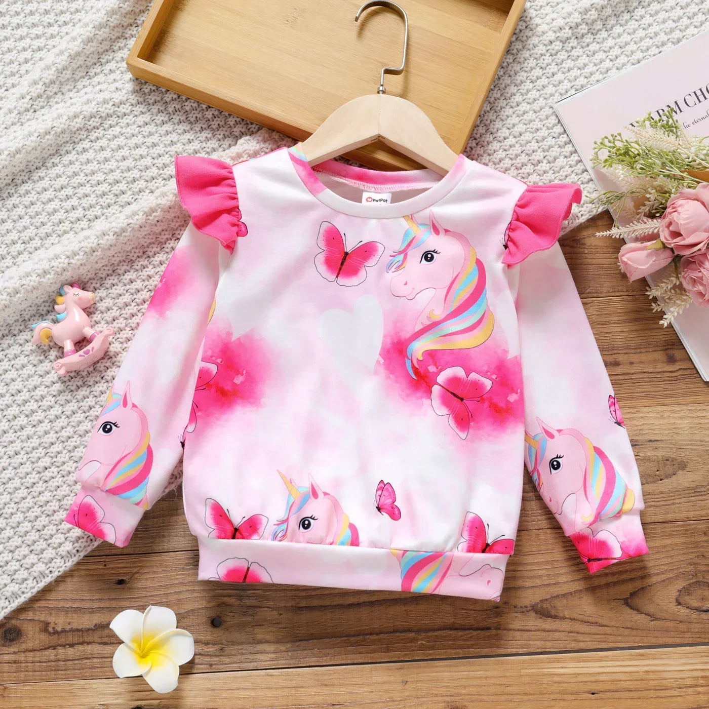 Toddler Girls Unicorn Print Ruffled Pink Pullover Top (Age 18M-6YRS)