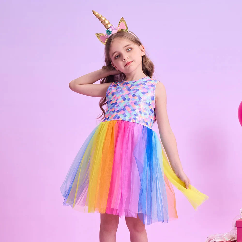 Girls Mermaid Print Rainbow Tulle Dress (Age 3-12YRS)