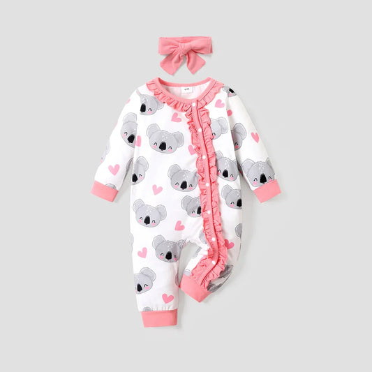 Baby Girls Koala Print White Long-Sleeve Ruffle Snap-up Jumpsuit (Age Newborn-18M)