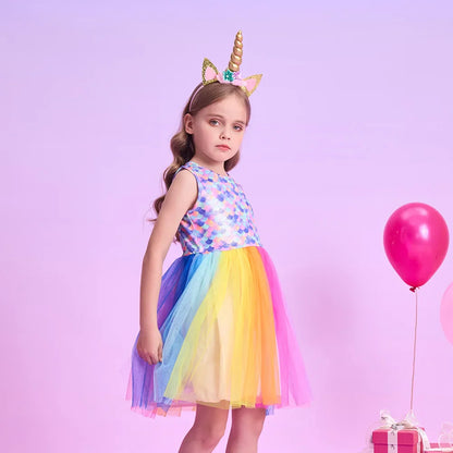 Girls Mermaid Print Rainbow Tulle Dress (Age 3-12YRS)