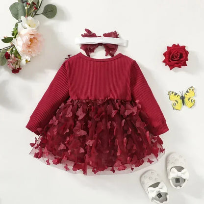 Baby Girls Burgundy Mesh Butterfly Dress (Age Newborn-24M)