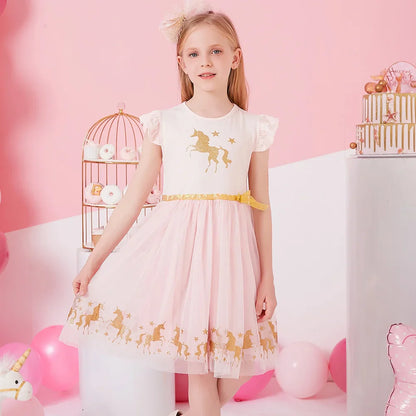 Girls Pink & Gold Unicorn Dress (Age 3-8YRS)