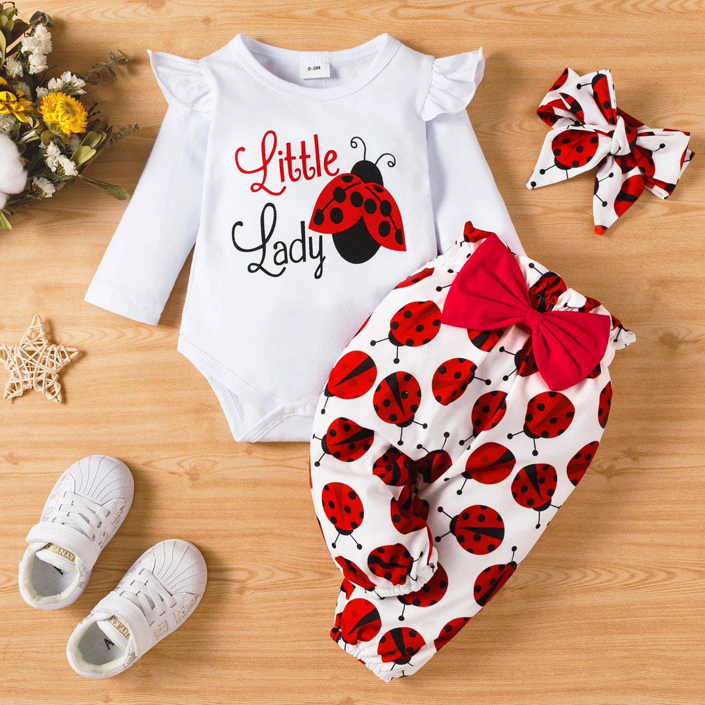 Baby Girl Cotton Ladybug Romper and Bowknot Trousers with Headband Set (Age Newborn-18M)