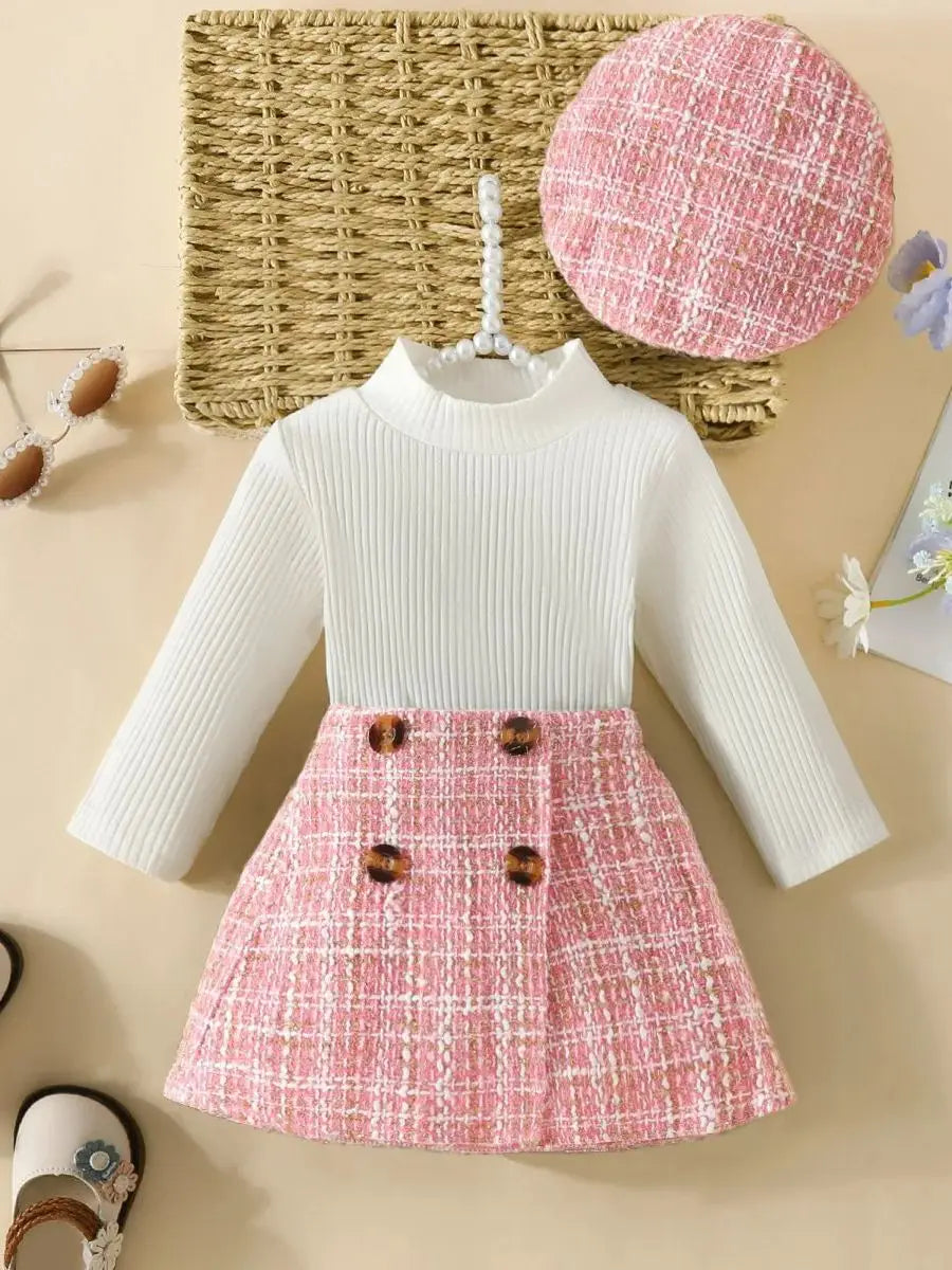 Baby/Toddler Girls Top & Houndtooth Skirt & Matching Beret Set (Age 6M-3YRS)