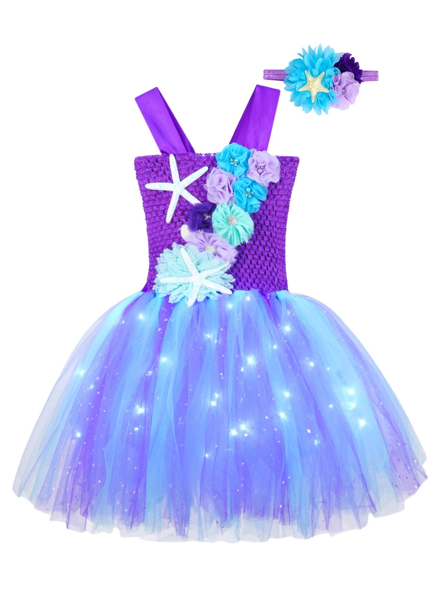 Girls Purple Princess Light Up Dress & Headband (Age 24M-10YRS)