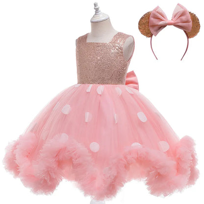 Girls Pink Fluffy Tulle Mesh Dress & Headband (Age 9M-6YRS)