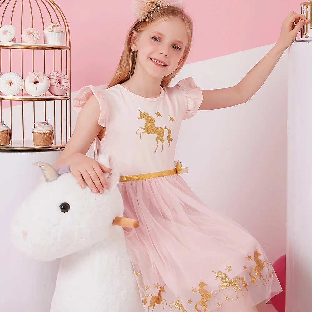 Girls Pink & Gold Unicorn Dress (Age 3-8YRS)