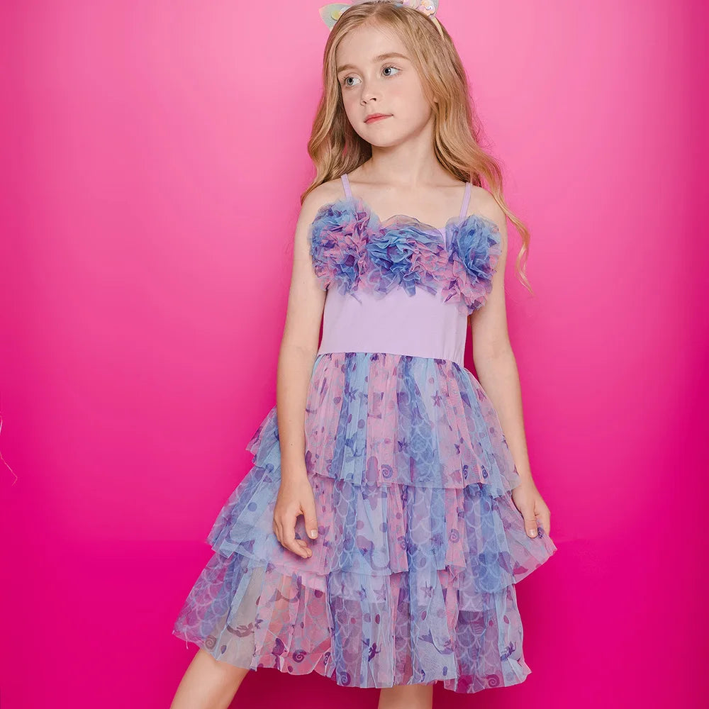 Girls Sea Print Ruffle Layered Dress (Age 3-8YRS)