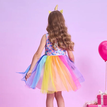 Girls Mermaid Print Rainbow Tulle Dress (Age 3-12YRS)