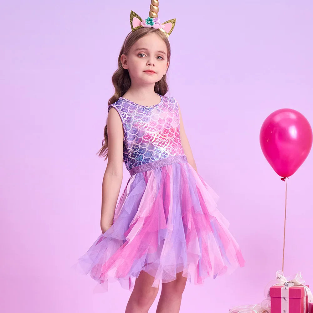 Girls Pink Mermaid Print Ruffle Tulle Dress (Age 3-12YRS)