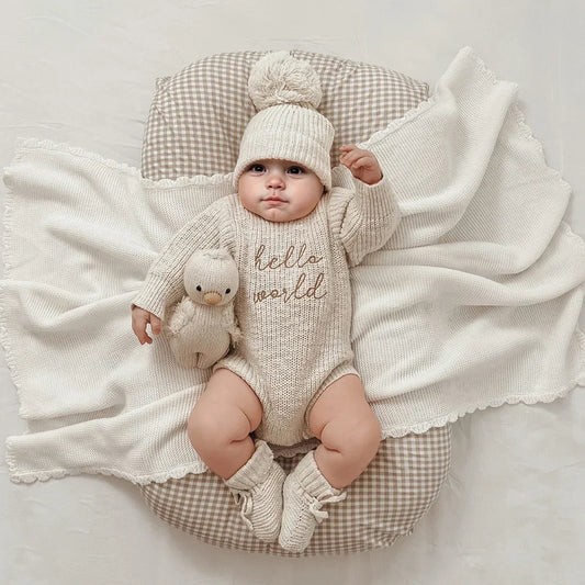 Baby Hello World Knitted Romper With Matching Hat (Age Newborn - 1 Month)