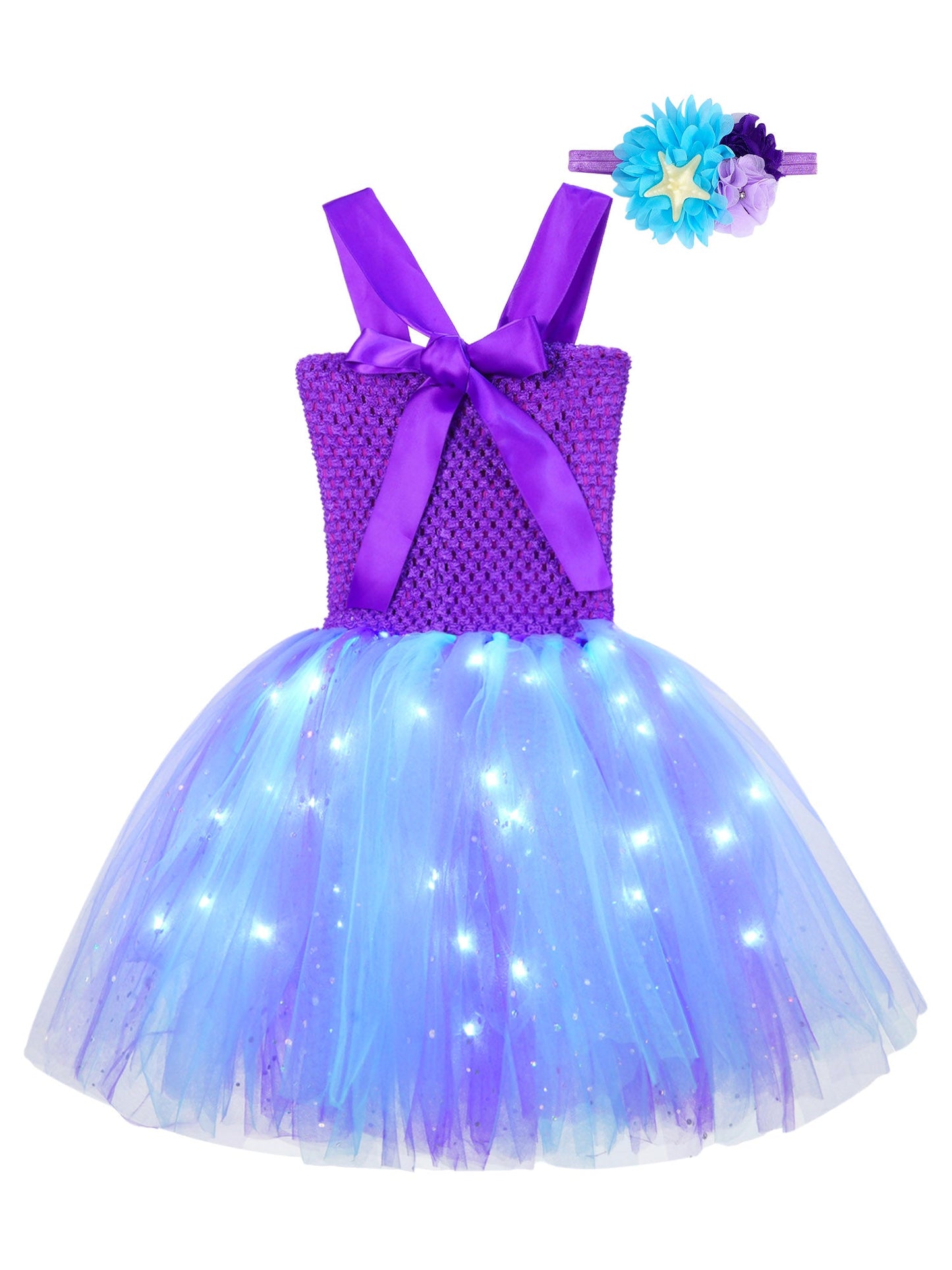 Girls Purple Princess Light Up Dress & Headband (Age 24M-10YRS)