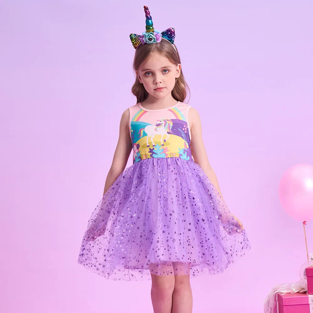 Girls Purple Unicorn Mesh Dress (Age 3-12YRS)