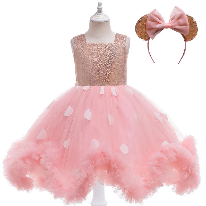 Girls Pink Fluffy Tulle Mesh Dress & Headband (Age 9M-6YRS)