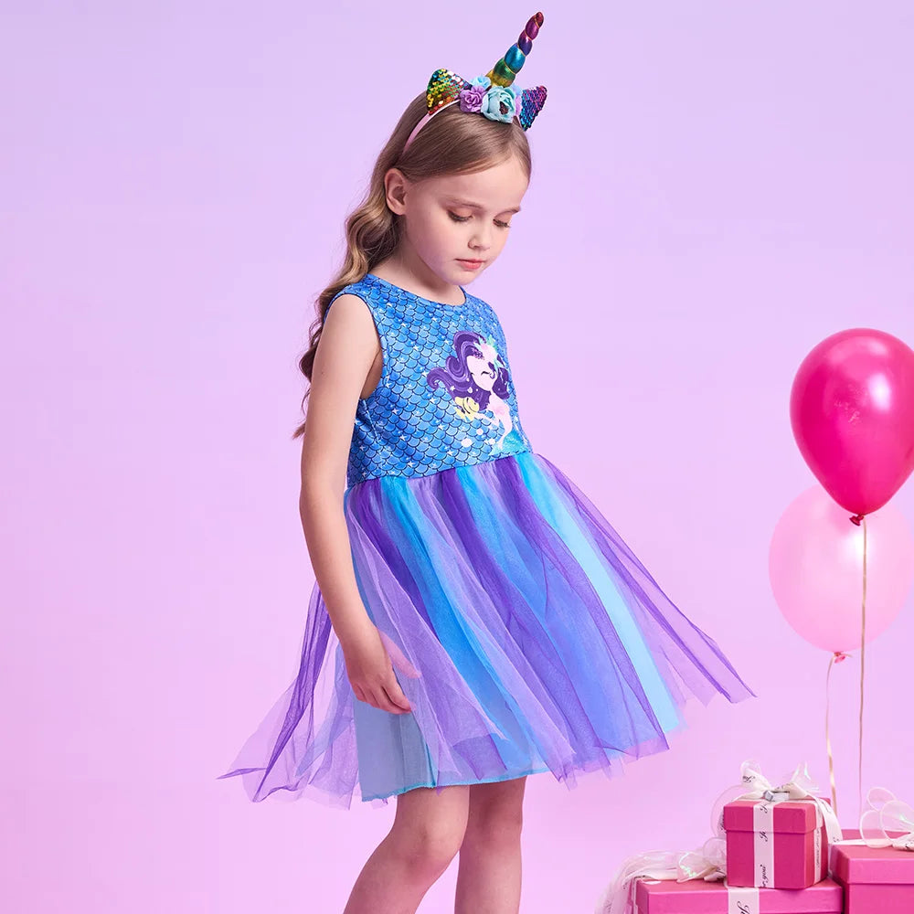 Girls Blue Mermaid Tulle Dress (Age 3-12YRS)