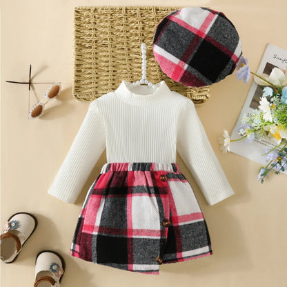 Baby/Toddler Girls Top & Houndtooth Skirt & Matching Beret Set (Age 6M-3YRS)