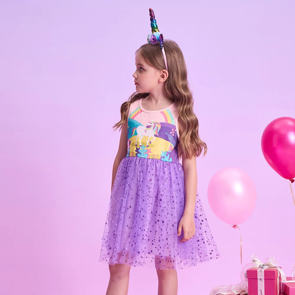 Girls Purple Unicorn Mesh Dress (Age 3-12YRS)