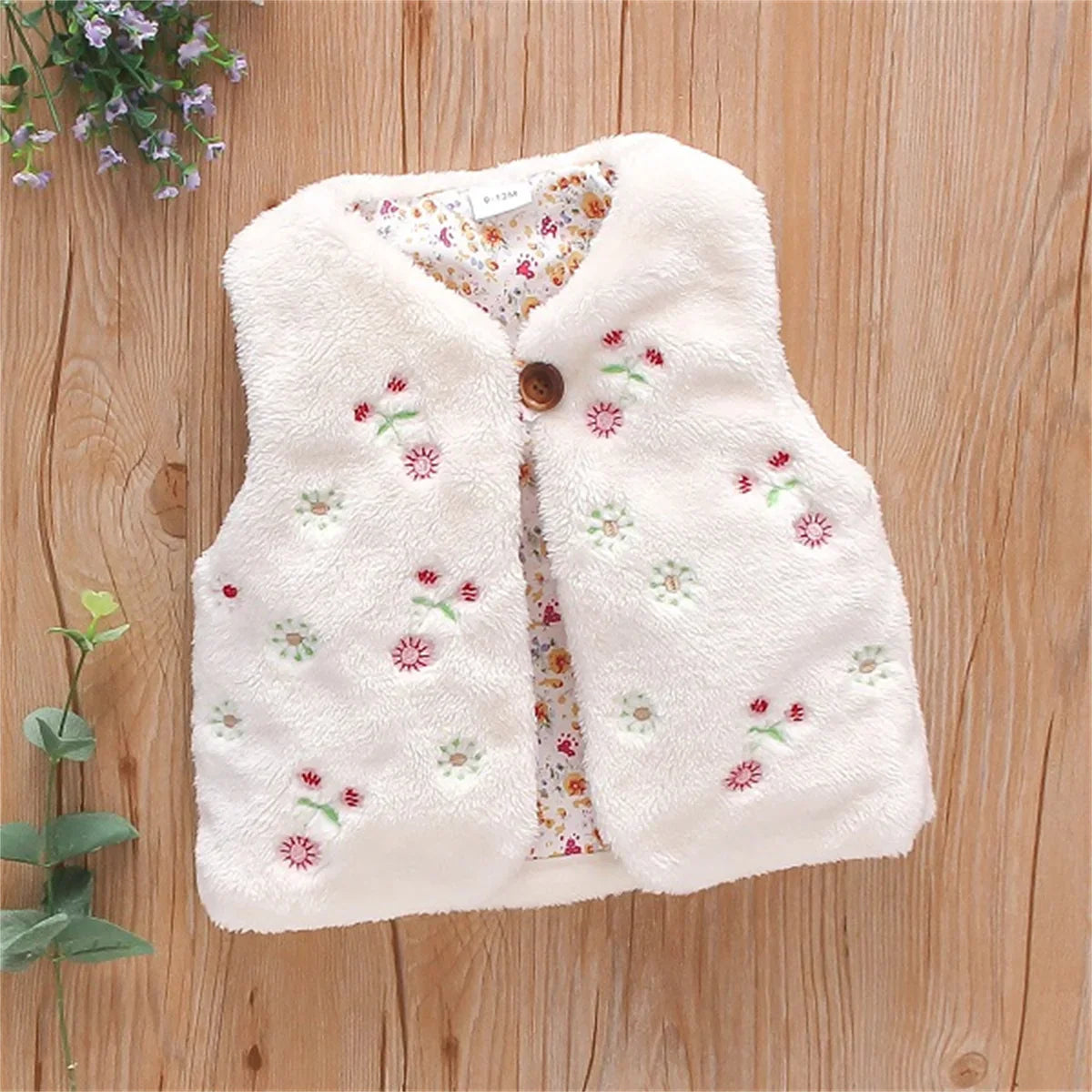 Autumn And Winter Girls' Fur Vest Sweet Flower Embroidery Sleeveless Warm Fashion Coat 0-3 Year Old Lady Wear Top