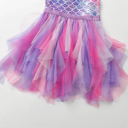 Girls Pink Mermaid Print Ruffle Tulle Dress (Age 3-12YRS)