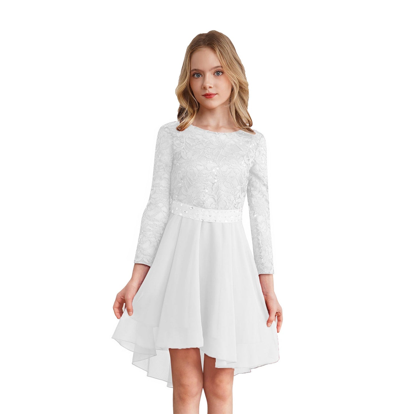 Girls Lace Chiffon Long Sleeve High-Rhinestone Sash Dress (Age 6-16 YRS)