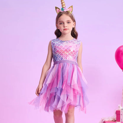 Girls Pink Mermaid Print Ruffle Tulle Dress (Age 3-12YRS)