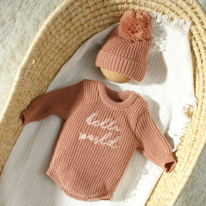 Baby Hello World Knitted Romper With Matching Hat (Age Newborn - 1 Month)