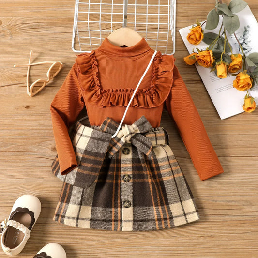 Girls Ruffled Top & Plaid Plaid Skirt Set (Age 24M-6YRS)