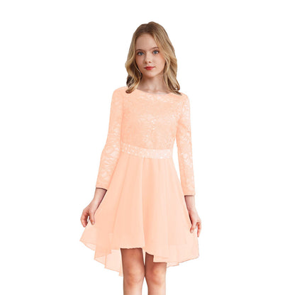 Girls Lace Chiffon Long Sleeve High-Rhinestone Sash Dress (Age 6-16 YRS)