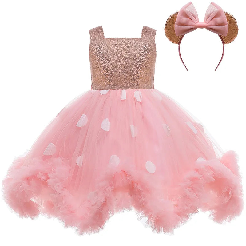 Girls Pink Fluffy Tulle Mesh Dress & Headband (Age 9M-6YRS)