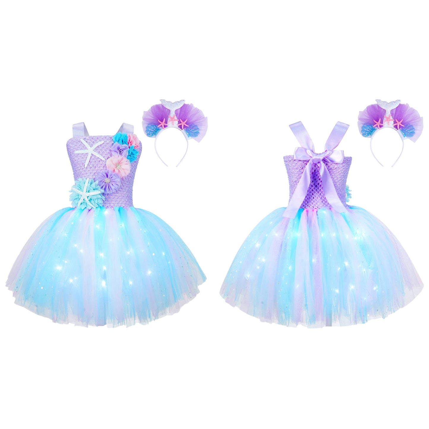 Girls Purple Princess Light Up Dress & Headband (Age 24M-10YRS)