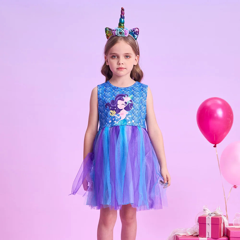 Girls Blue Mermaid Tulle Dress (Age 3-12YRS)