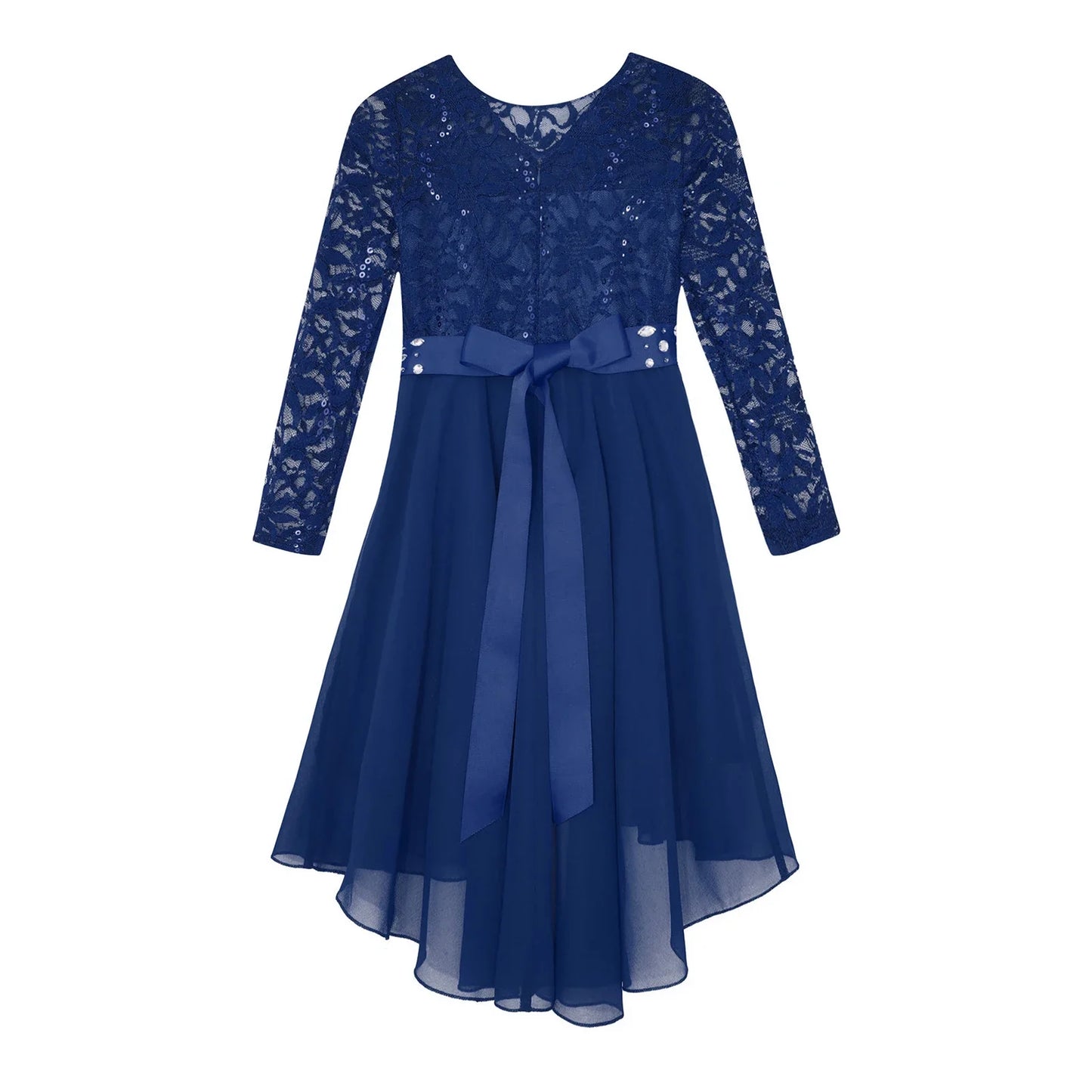 Girls Lace Chiffon Long Sleeve High-Rhinestone Sash Dress (Age 6-16 YRS)