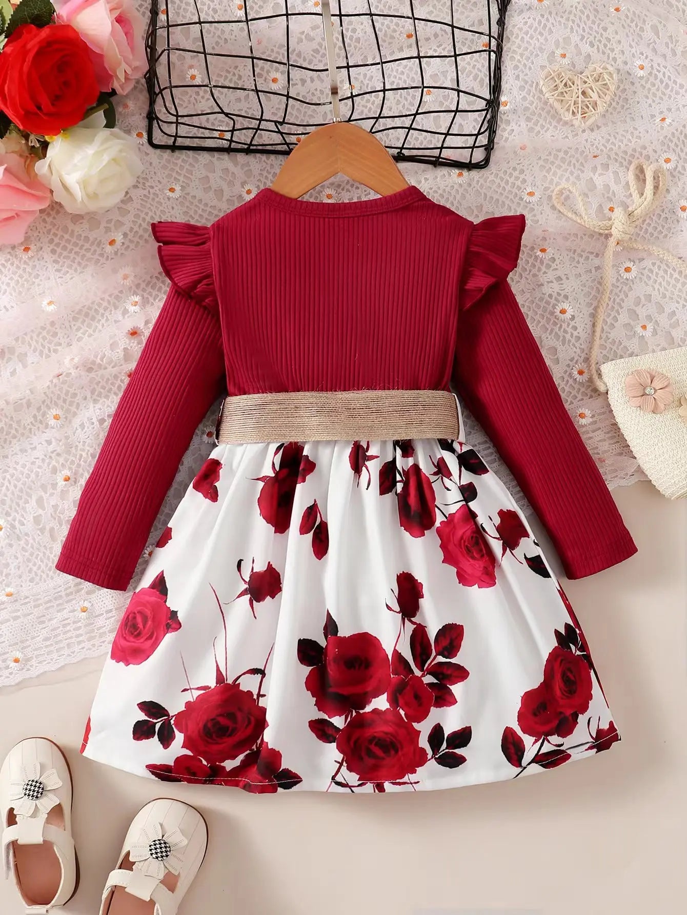 Girls Red Long Sleeve Flower Print Dress (Age 18M-7YRS)