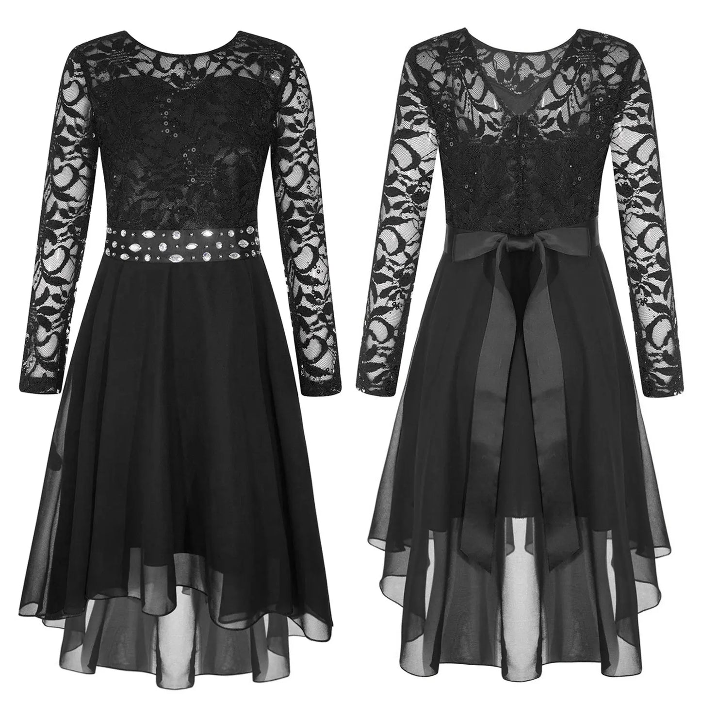 Girls Lace Chiffon Long Sleeve High-Rhinestone Sash Dress (Age 6-16 YRS)