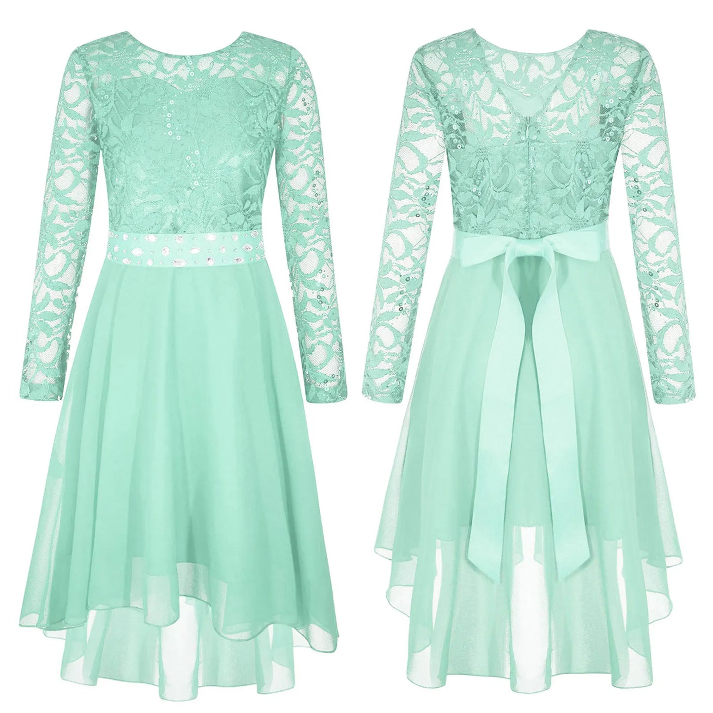 Girls Lace Chiffon Long Sleeve High-Rhinestone Sash Dress (Age 6-16 YRS)