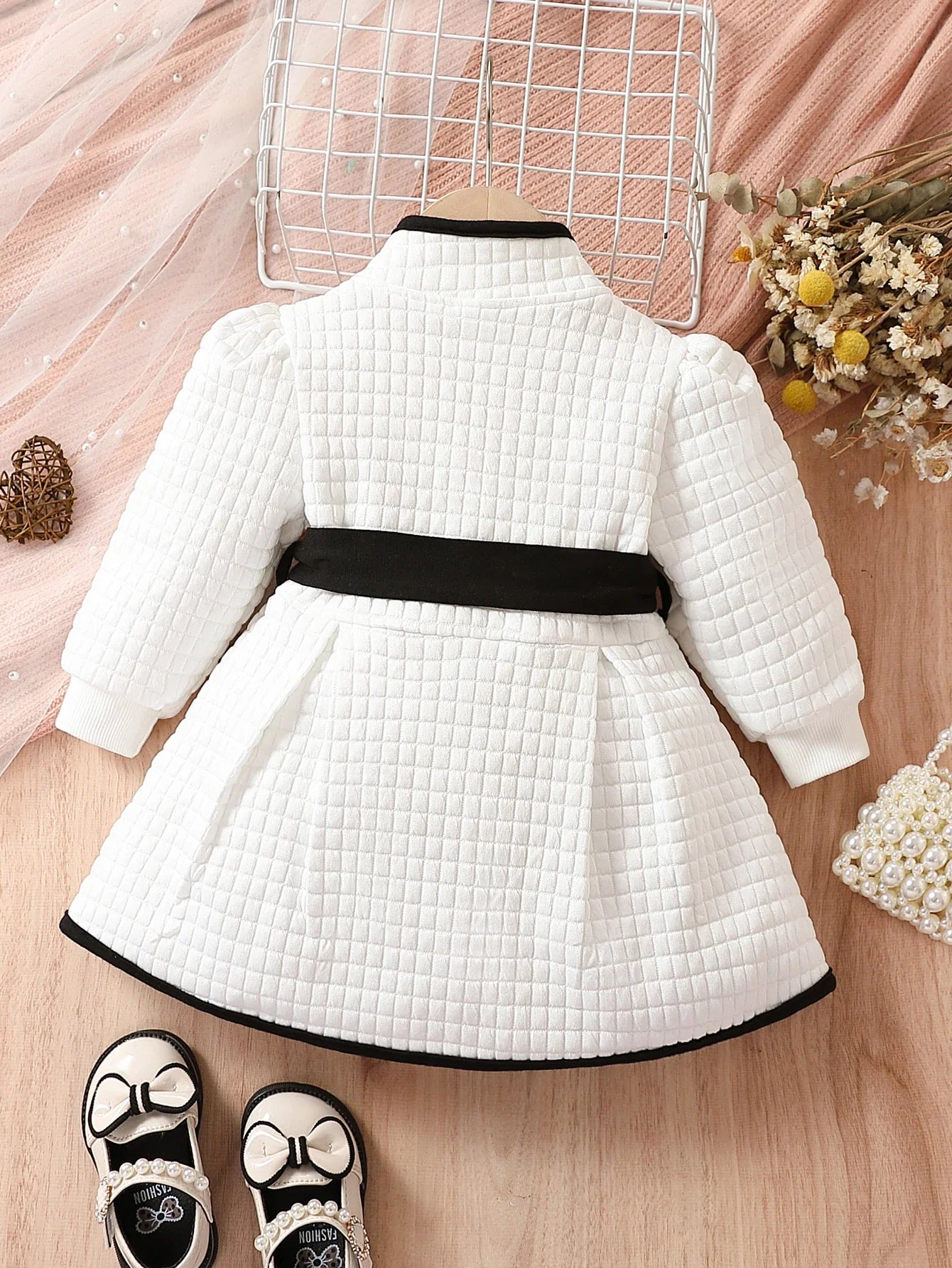 Baby Girls Black And White Belted Dress (Age 6M-3YRS)