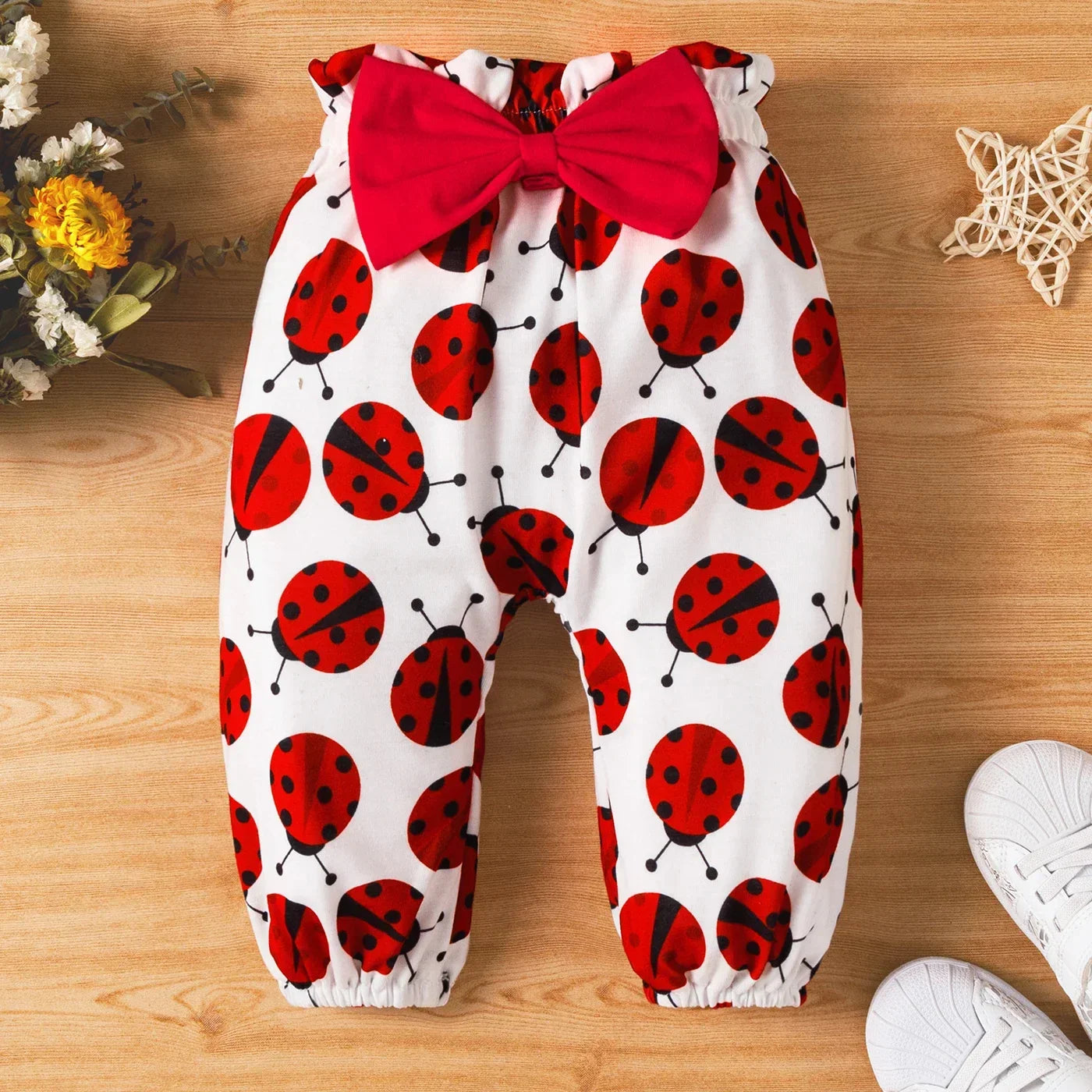 Baby Girl Cotton Ladybug Romper and Bowknot Trousers with Headband Set (Age Newborn-18M)