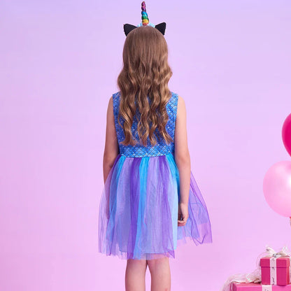 Girls Blue Mermaid Tulle Dress (Age 3-12YRS)