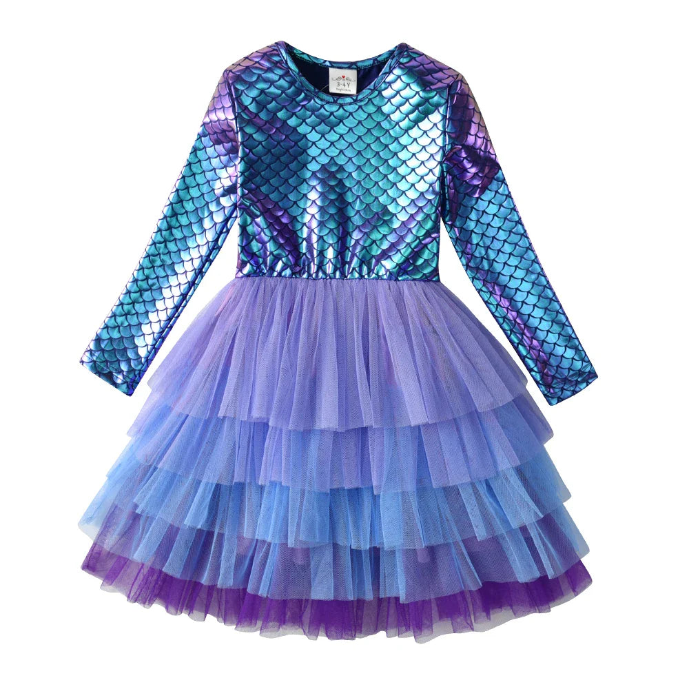 Girls Purple Mermaid Long Sleeve Layered Tutu Dress (Age 3-12YRS)