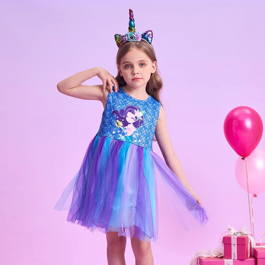 Girls Blue Mermaid Tulle Dress (Age 3-12YRS)