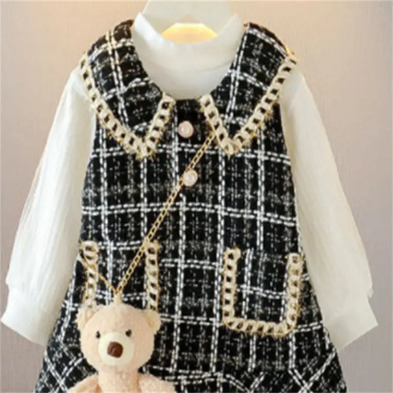 Girls Plaid Dress With Teddy Bear Handbag (Age 24M-6 YRS)